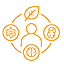 Network of circular eco icons with leaves connected in a ring, representing sustainability and environmental concepts.