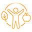 Abstract orange circular icon composed of interconnected business and technology symbols in a loop.